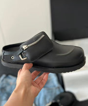 Fashion Splicing Platform Black Cowhide Leather Slide Sandals