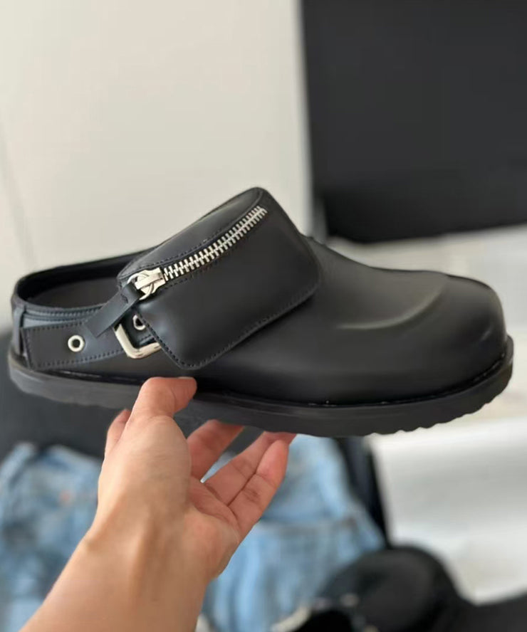 Fashion Splicing Platform Black Cowhide Leather Slide Sandals