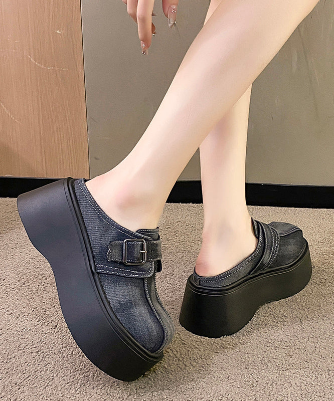 Fashion Splicing Platform Blue Cotton Fabric Slide Sandals