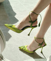 Fashion Splicing Stiletto High Heels Green Lace Up Embroidered