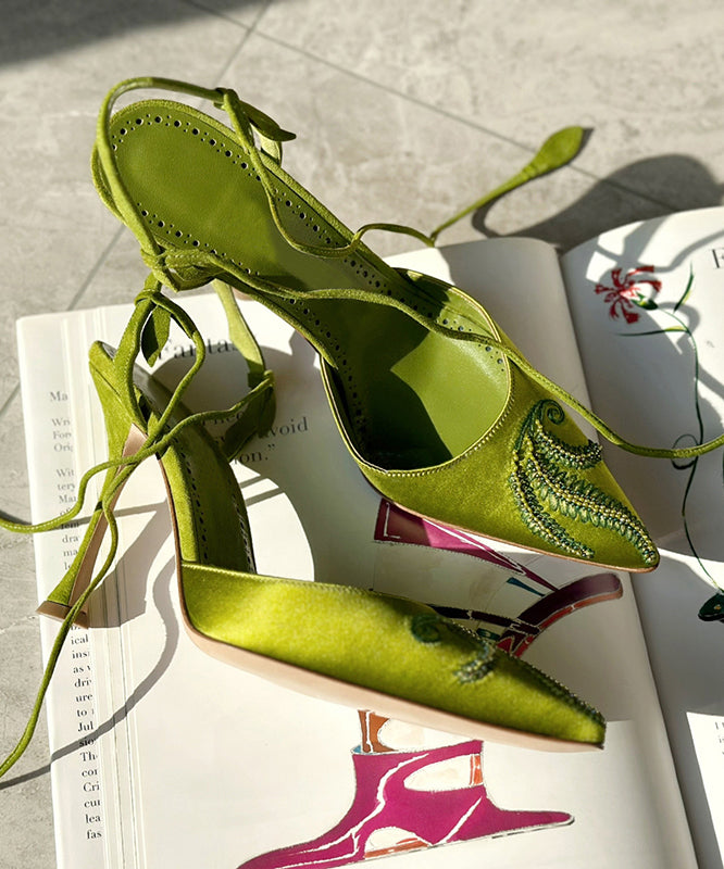Fashion Splicing Stiletto High Heels Green Lace Up Embroidered