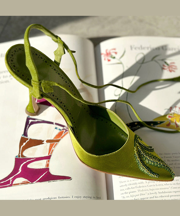 Fashion Splicing Stiletto High Heels Green Lace Up Embroidered