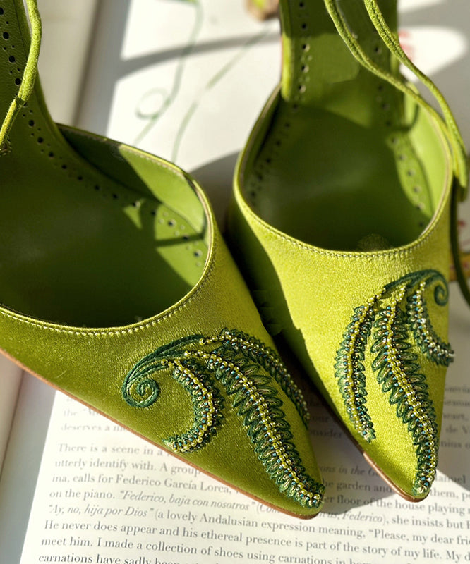 Fashion Splicing Stiletto High Heels Green Lace Up Embroidered