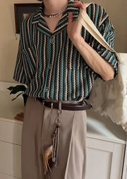 Fashion Striped Button Pockets Cotton Mens Shirts Summer