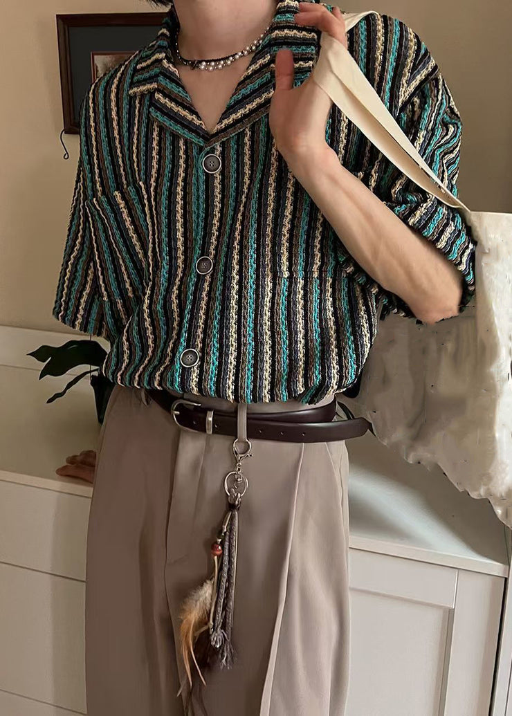 Fashion Striped Button Pockets Cotton Mens Shirts Summer