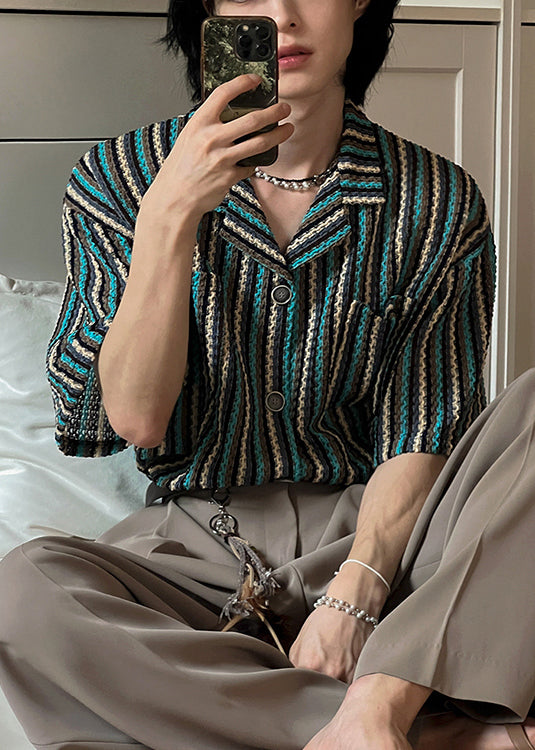 Fashion Striped Button Pockets Cotton Mens Shirts Summer