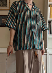 Fashion Striped Button Pockets Cotton Mens Shirts Summer