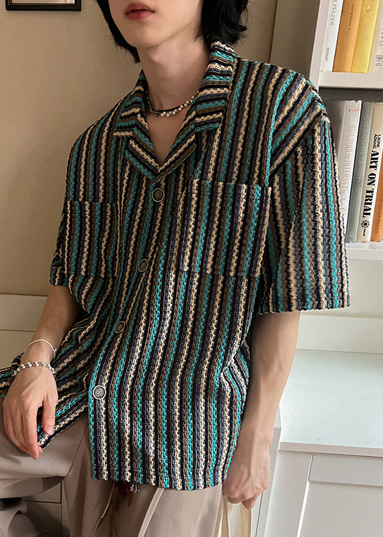 Fashion Striped Button Pockets Cotton Mens Shirts Summer