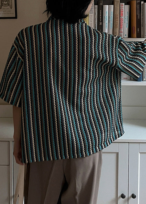 Fashion Striped Button Pockets Cotton Mens Shirts Summer