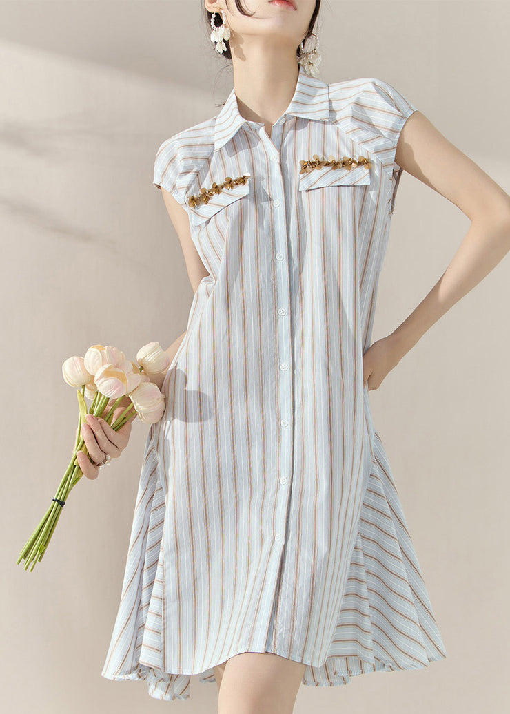 Fashion Striped Peter Pan Collar Button Holiday Mid Dress Short Sleeve