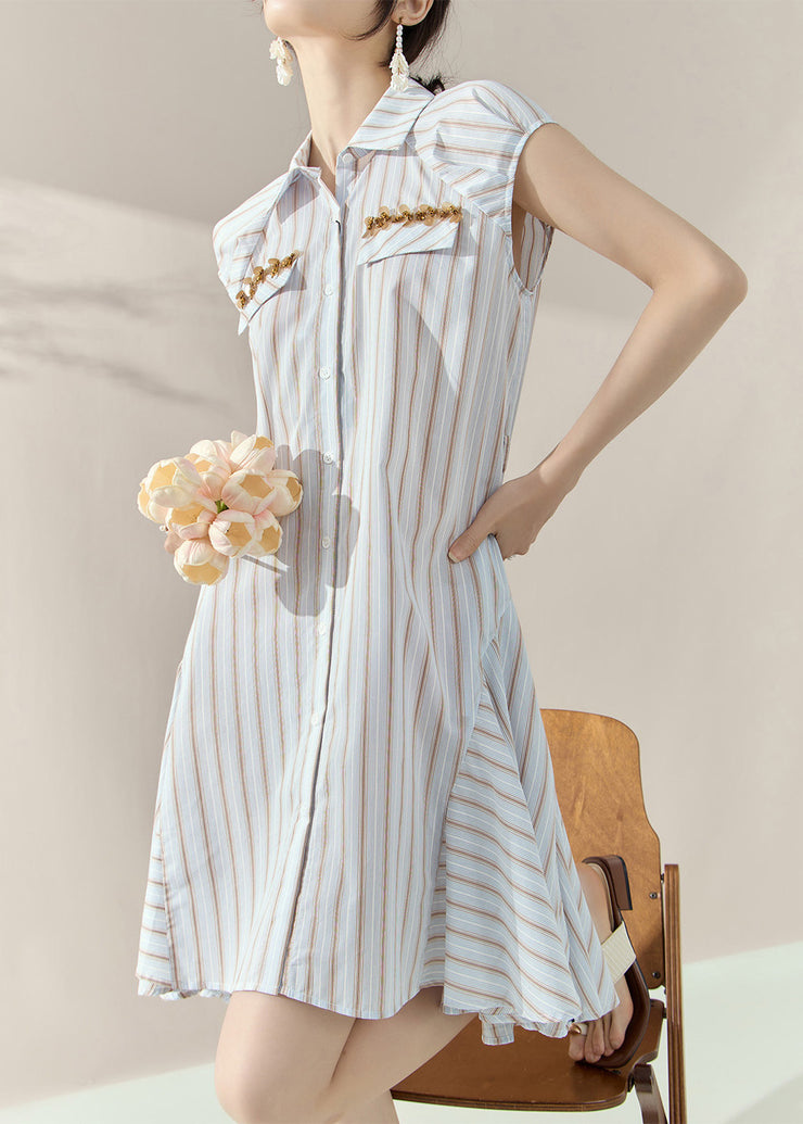 Fashion Striped Peter Pan Collar Button Holiday Mid Dress Short Sleeve