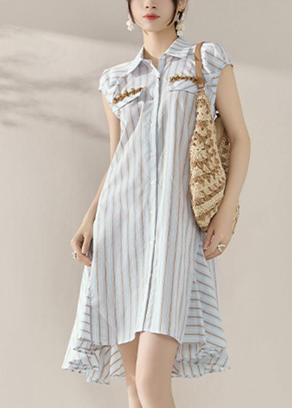 Fashion Striped Peter Pan Collar Button Holiday Mid Dress Short Sleeve