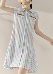 Fashion Striped Peter Pan Collar Button Holiday Mid Dress Short Sleeve