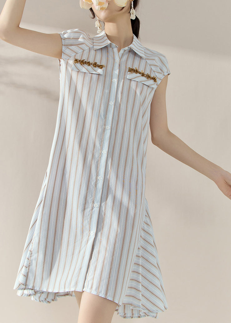 Fashion Striped Peter Pan Collar Button Holiday Mid Dress Short Sleeve