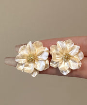 Fashion Stylish Beige Copper Alloy Acrylic Camellia Flower Stud Earrings