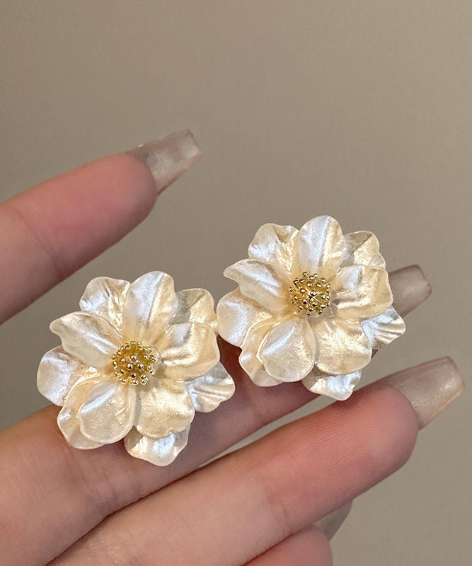 Fashion Stylish Beige Copper Alloy Acrylic Camellia Flower Stud Earrings