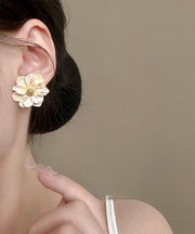 Fashion Stylish Beige Copper Alloy Acrylic Camellia Flower Stud Earrings