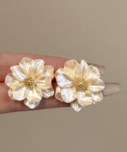 Fashion Stylish Beige Copper Alloy Acrylic Camellia Flower Stud Earrings