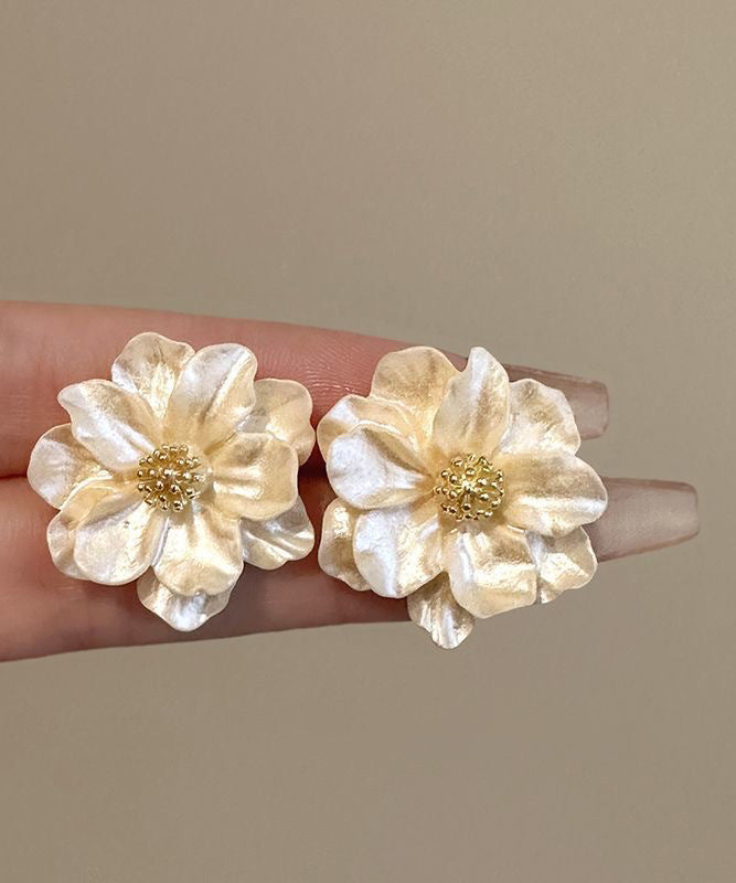 Fashion Stylish Beige Copper Alloy Acrylic Camellia Flower Stud Earrings