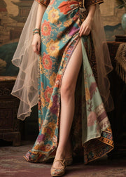 Fashion Tea Green Floral Side Open Chiffon Dinner Dress Summer