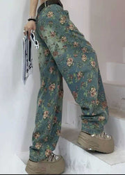 Fashion Tea Green Oversized Print Denim Pants Fall