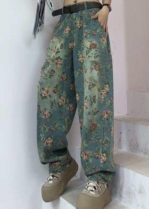 Fashion Tea Green Oversized Print Denim Pants Fall