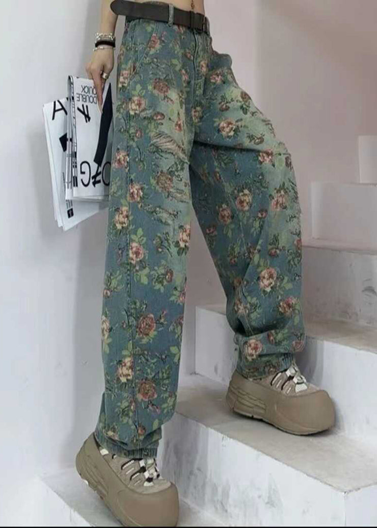 Fashion Tea Green Oversized Print Denim Pants Fall