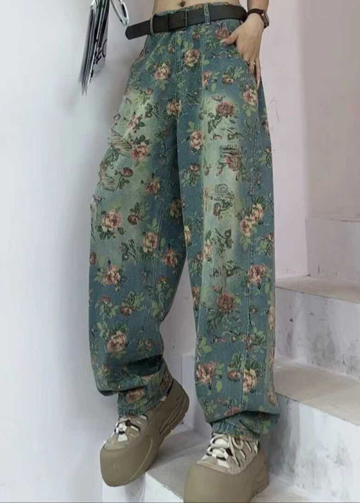 Fashion Tea Green Oversized Print Denim Pants Fall