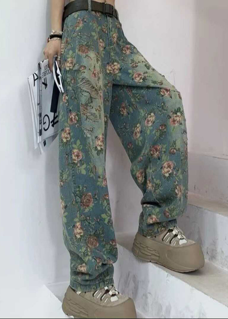 Fashion Tea Green Oversized Print Denim Pants Fall