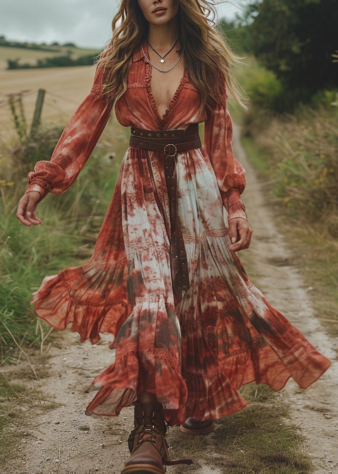 Fashion Tie Dye Wrinkled Patchwork Chiffon Dresses Spring