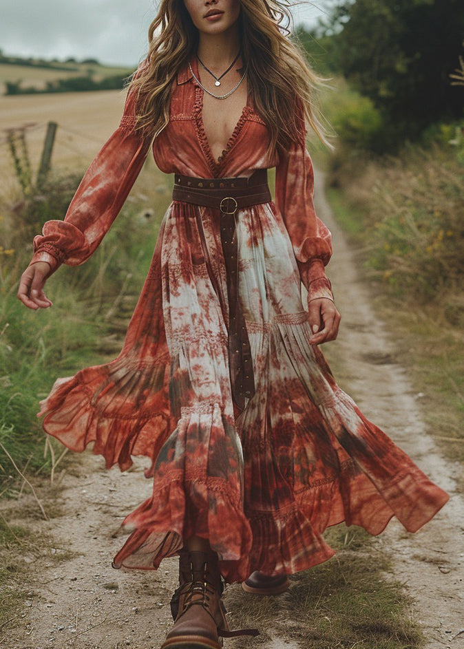 Fashion Tie Dye Wrinkled Patchwork Chiffon Dresses Spring