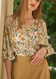 Fashion V Neck Print Shirts Lantern Sleeve
