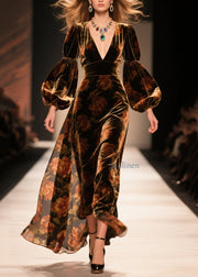 Fashion V Neck Print Velvet Ankle Dress Lantern Sleeve
