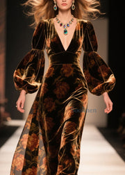 Fashion V Neck Print Velvet Ankle Dress Lantern Sleeve
