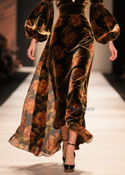 Fashion V Neck Print Velvet Ankle Dress Lantern Sleeve