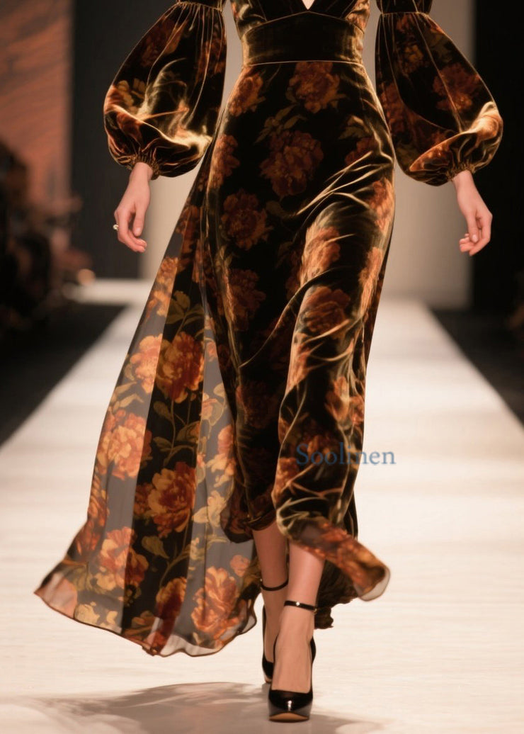 Fashion V Neck Print Velvet Ankle Dress Lantern Sleeve