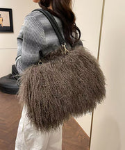 Fashion Versatile Coffee Sheepskin Fur Large Capacity Shoulder Bag