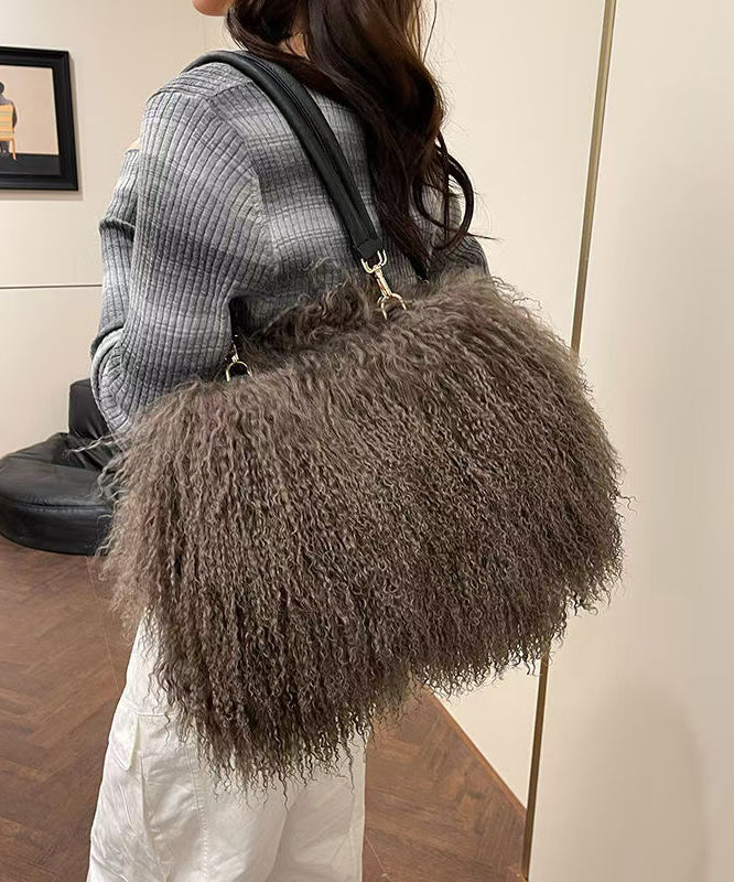 Fashion Versatile Coffee Sheepskin Fur Large Capacity Shoulder Bag