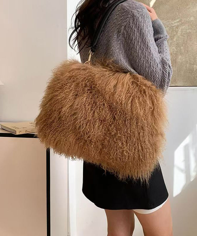 Fashion Versatile Coffee Sheepskin Fur Large Capacity Shoulder Bag
