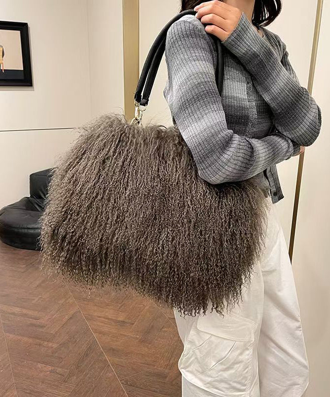 Fashion Versatile Coffee Sheepskin Fur Large Capacity Shoulder Bag