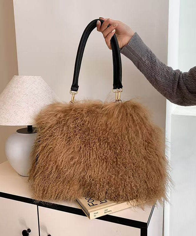 Fashion Versatile Coffee Sheepskin Fur Large Capacity Shoulder Bag