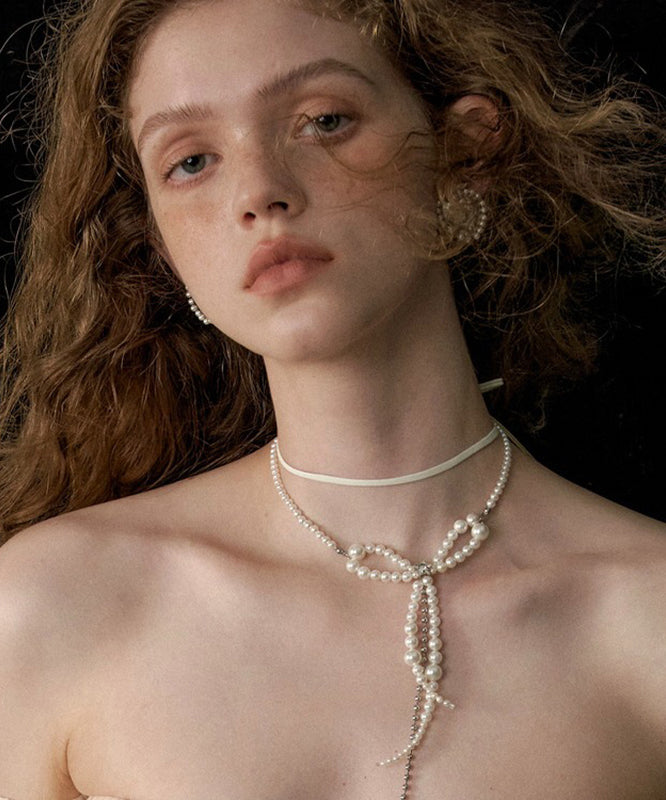 Fashion White Alloy Pearl Bow Chain Tassel Double Pendant Necklace