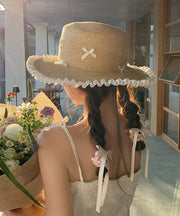 Fashion White Bow Ruffled Straw Woven Floppy Sun Hat