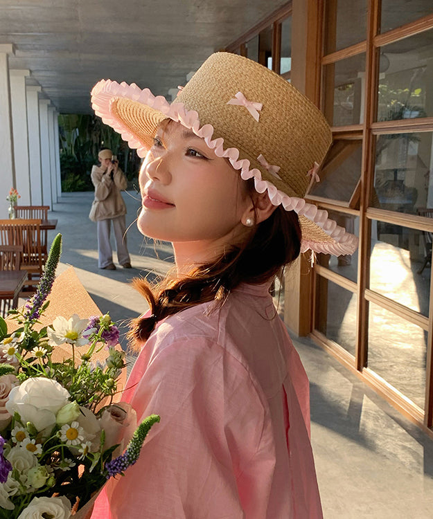 Fashion White Bow Ruffled Straw Woven Floppy Sun Hat