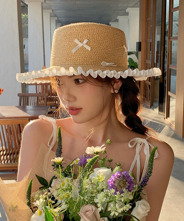 Fashion White Bow Ruffled Straw Woven Floppy Sun Hat