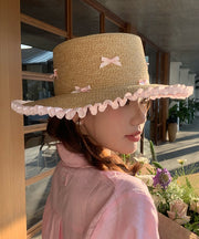 Fashion White Bow Ruffled Straw Woven Floppy Sun Hat