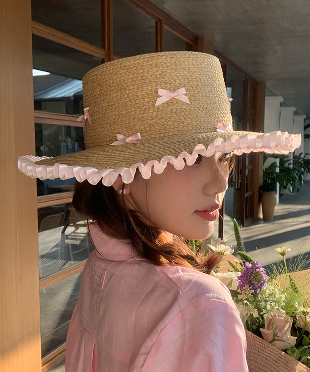 Fashion White Bow Ruffled Straw Woven Floppy Sun Hat