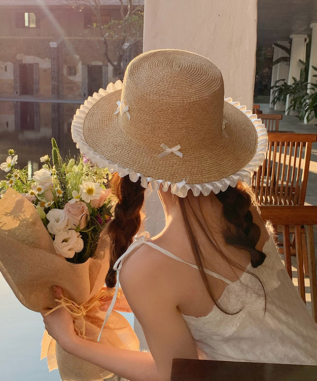 Fashion White Bow Ruffled Straw Woven Floppy Sun Hat