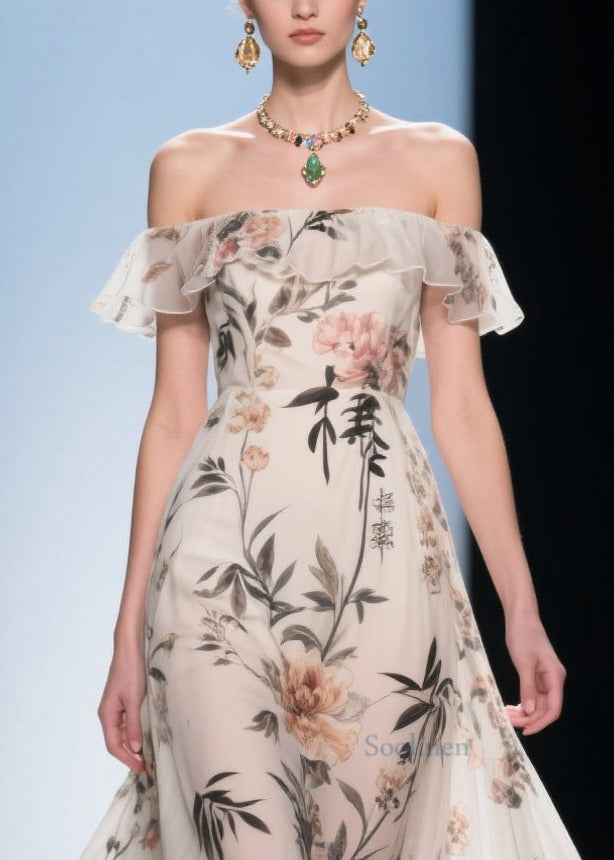 Fashion White Cold Shoulder Print Chiffon Maxi Dress Summer