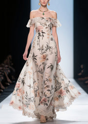 Fashion White Cold Shoulder Print Chiffon Maxi Dress Summer